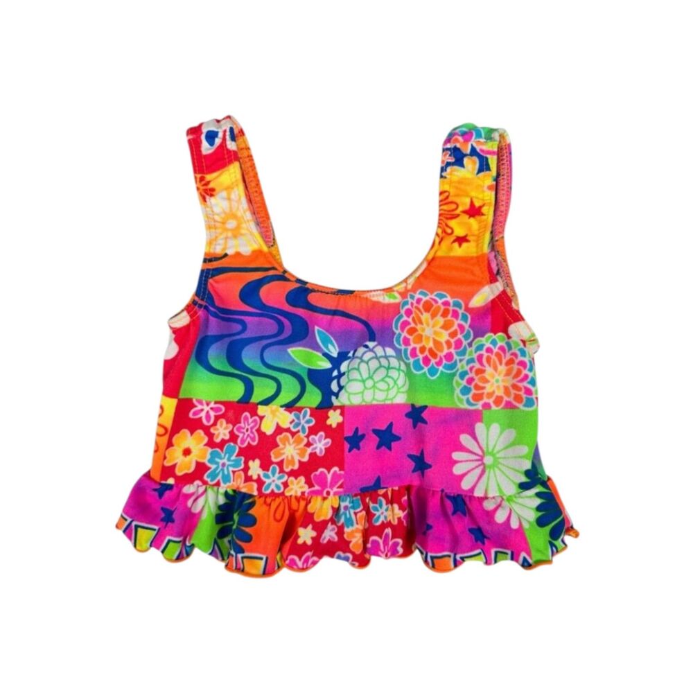 Girls Size 5 Neon Floral Ruffle Tankini Swimsuit Top